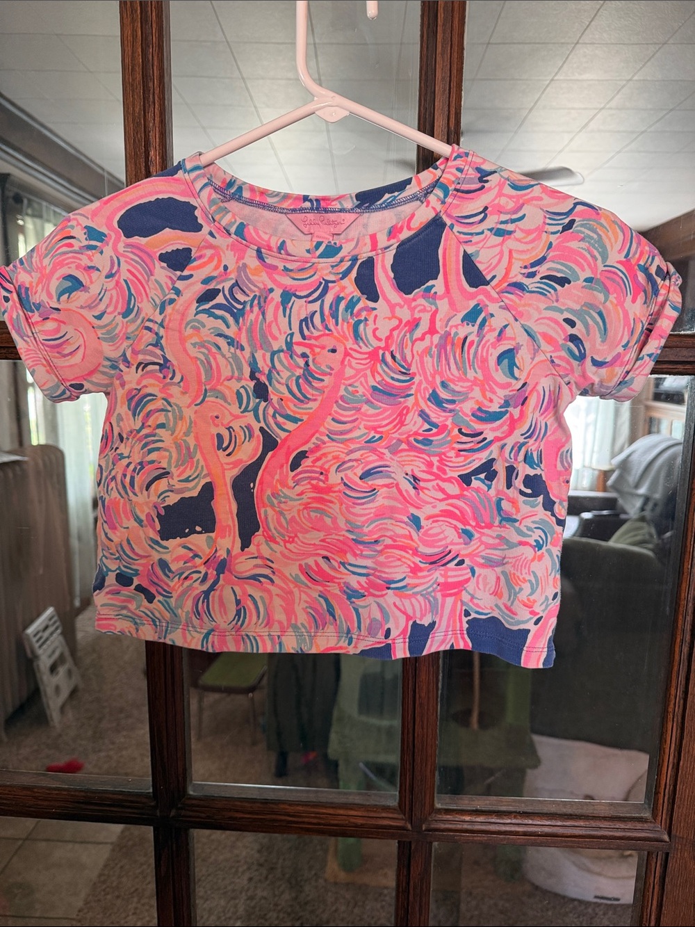 Lilly Pulitzer Girl Pink Flamingo Print Cropped T-Shirt Size L 8-10 French Terry